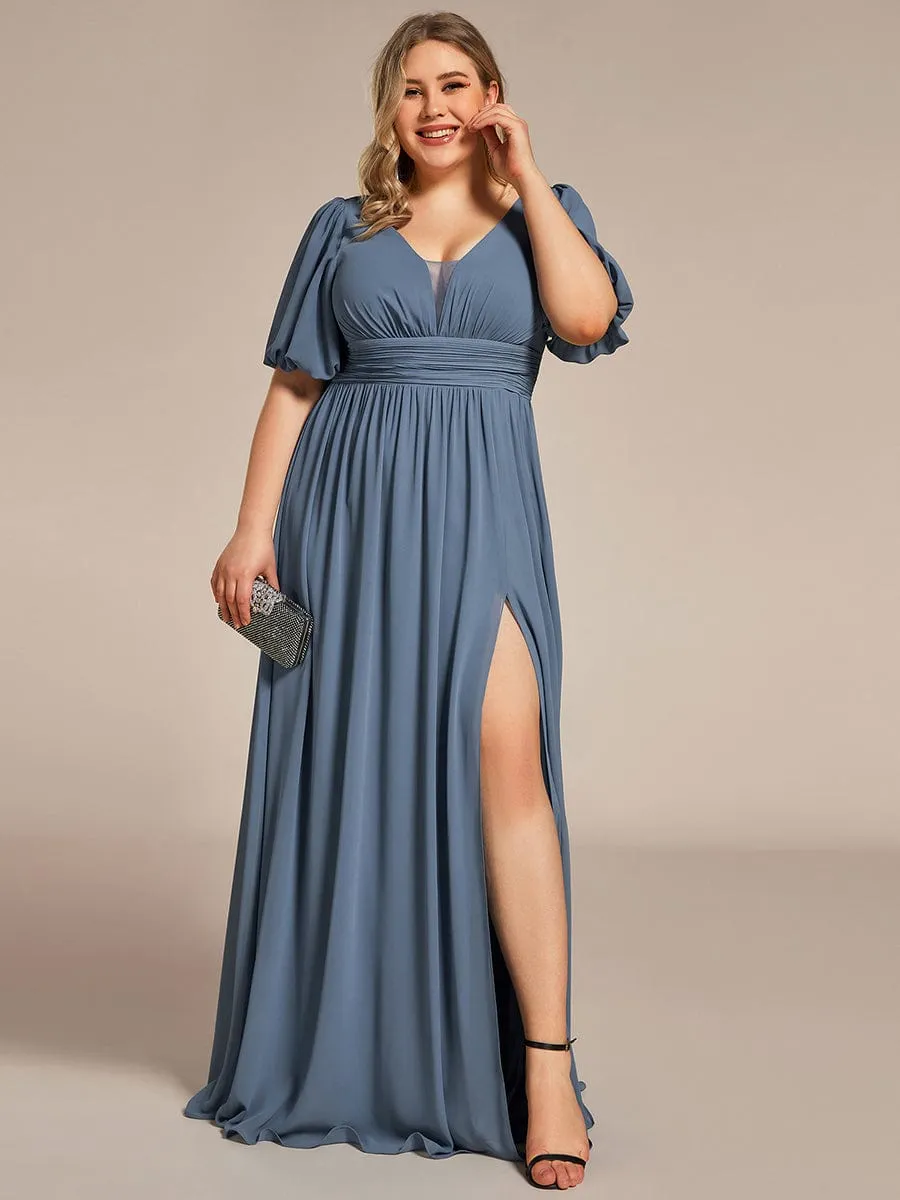 Plus Size Short Sleeve V-Neck Front Slit Chiffon Evening Dress