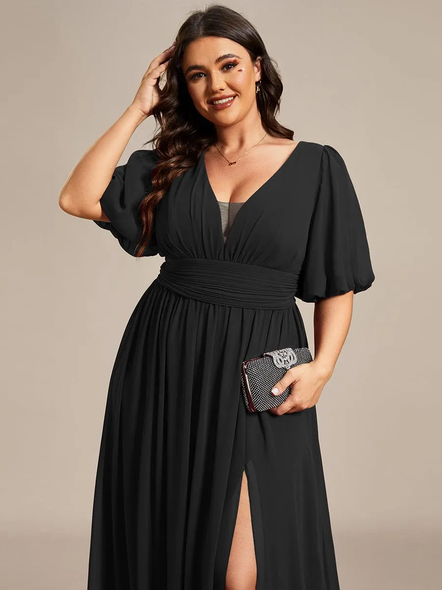 Plus Size Short Sleeve V-Neck Front Slit Chiffon Evening Dress