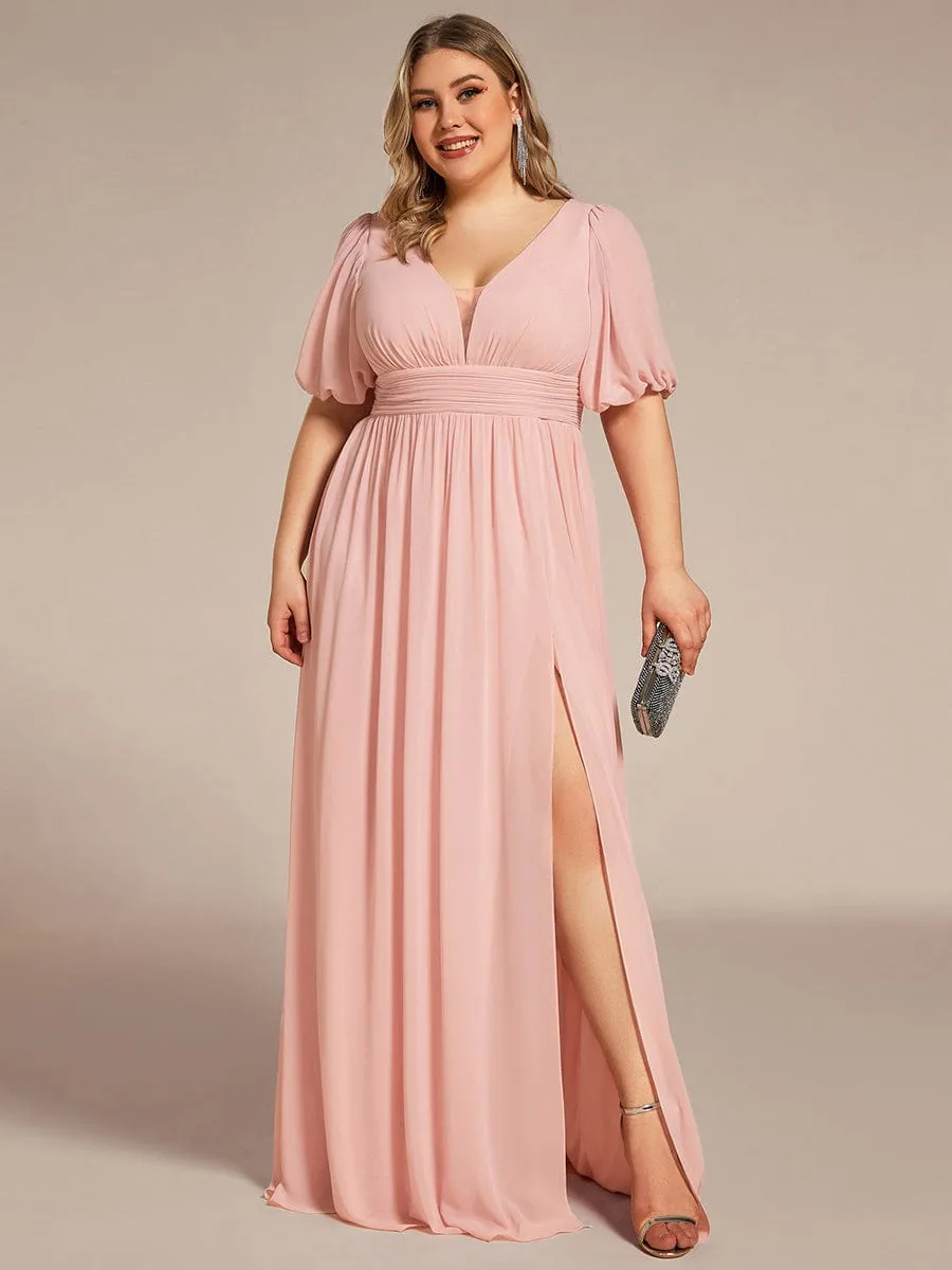 Plus Size Short Sleeve V-Neck Front Slit Chiffon Evening Dress