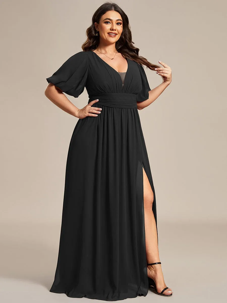 Plus Size Short Sleeve V-Neck Front Slit Chiffon Evening Dress