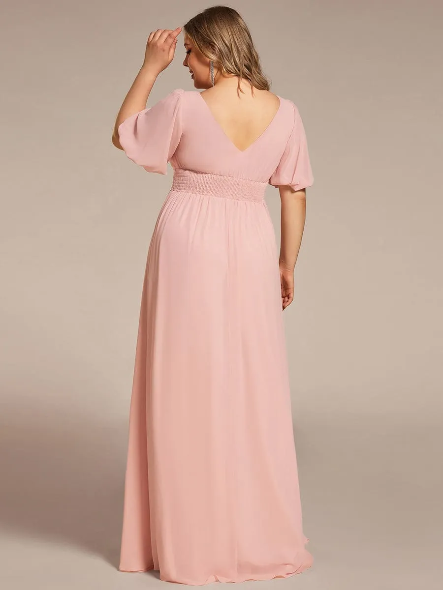 Plus Size Short Sleeve V-Neck Front Slit Chiffon Evening Dress