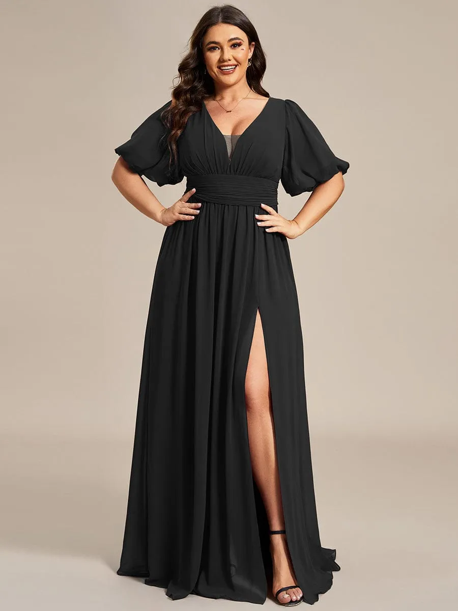 Plus Size Short Sleeve V-Neck Front Slit Chiffon Evening Dress