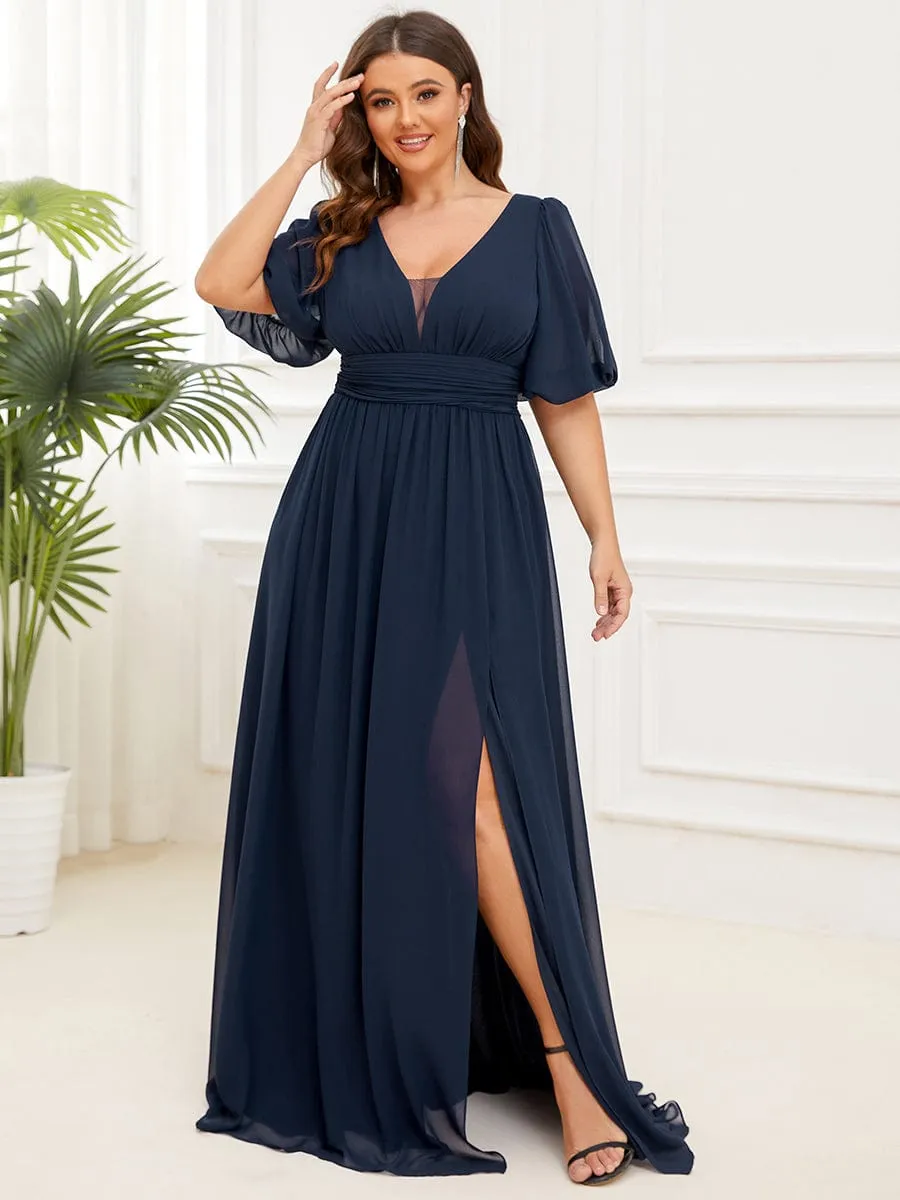 Plus Size Short Sleeve V-Neck Front Slit Chiffon Evening Dress