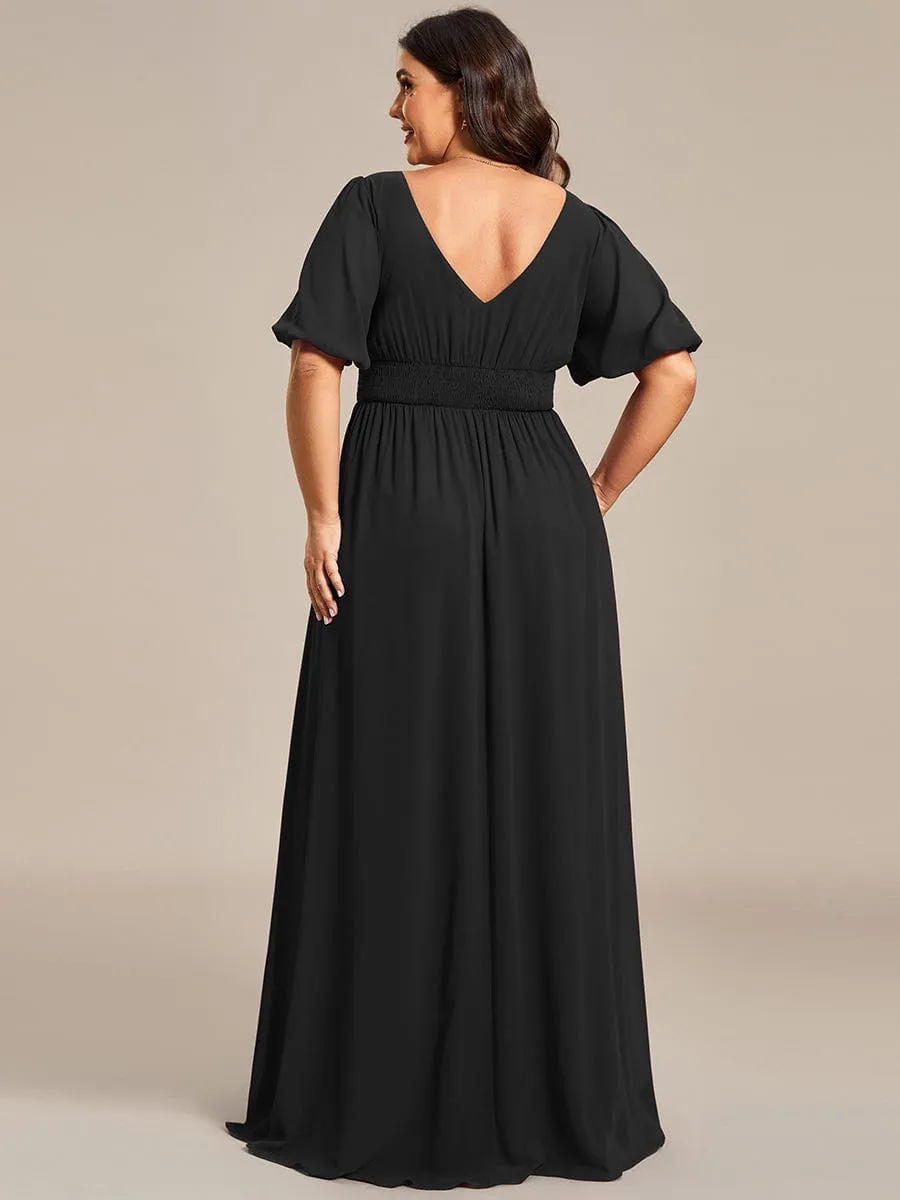 Plus Size Short Sleeve V-Neck Front Slit Chiffon Evening Dress