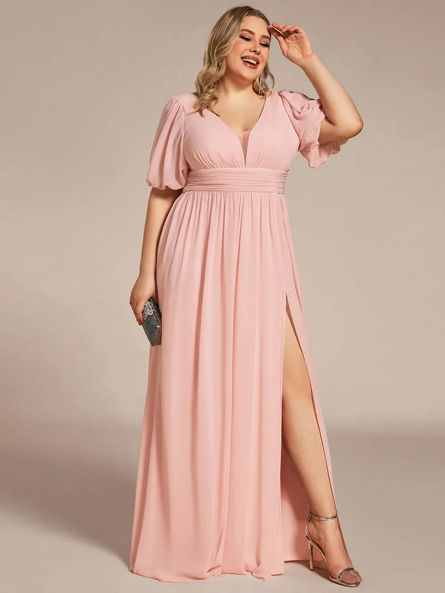 Plus Size Short Sleeve V-Neck Front Slit Chiffon Evening Dress