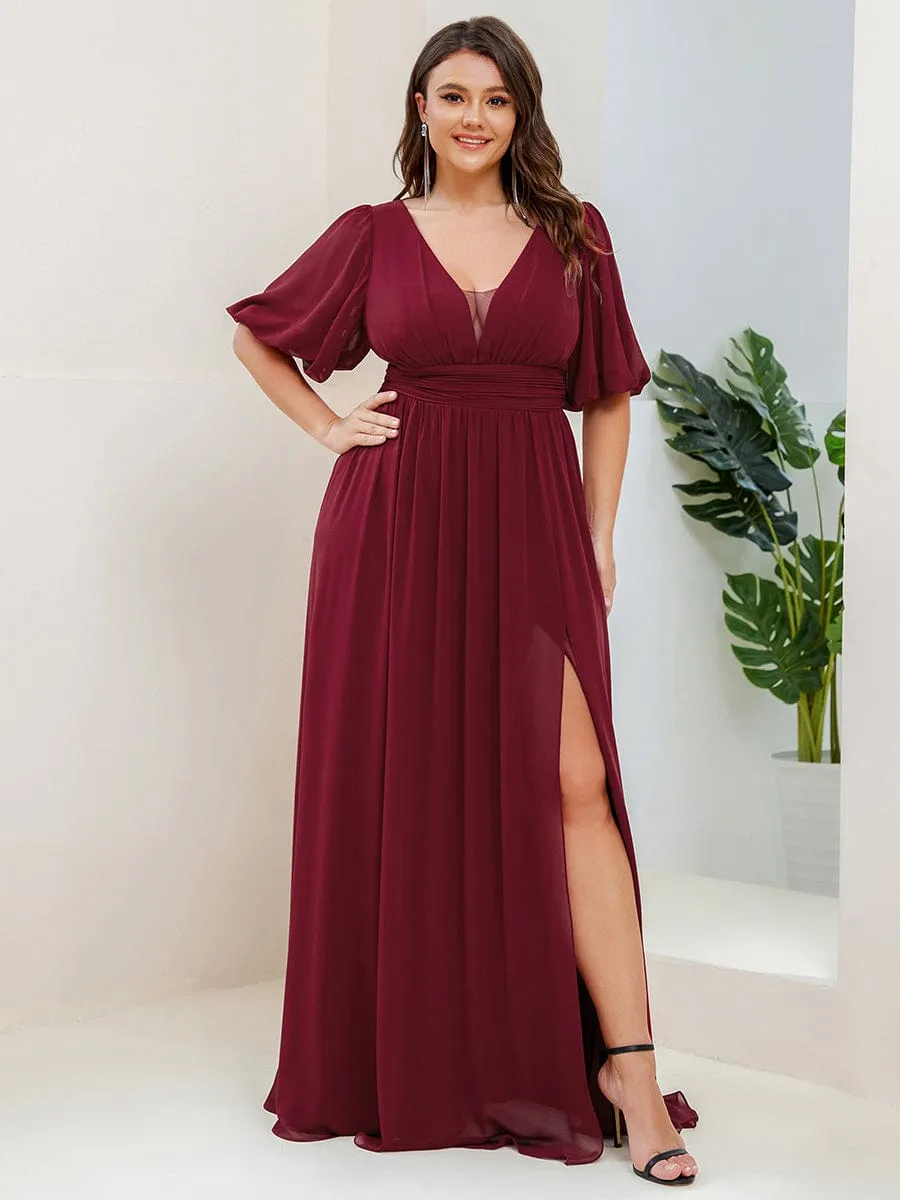 Plus Size Short Sleeve V-Neck Front Slit Chiffon Evening Dress