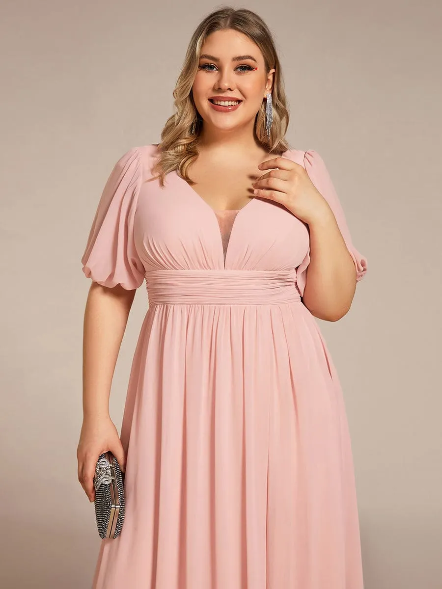 Plus Size Short Sleeve V-Neck Front Slit Chiffon Evening Dress