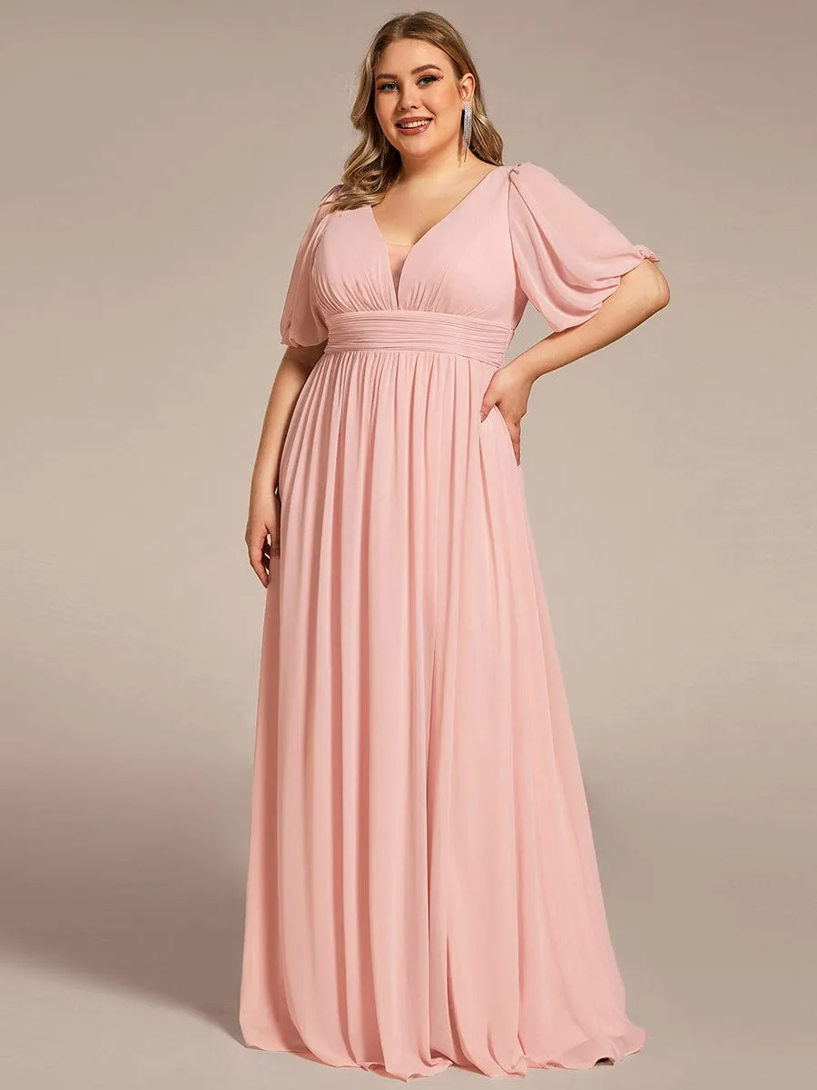 Plus Size Short Sleeve V-Neck Front Slit Chiffon Evening Dress