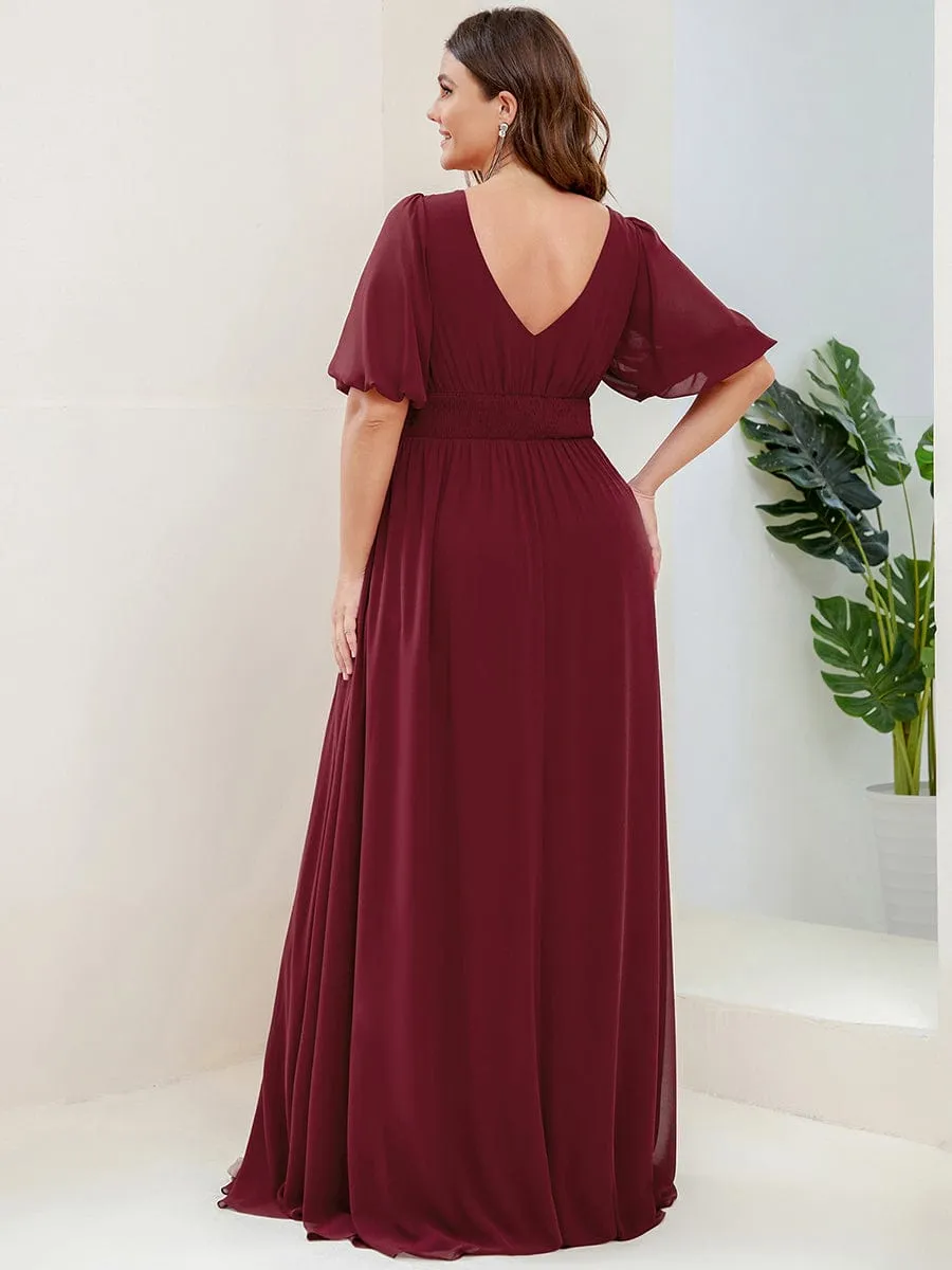 Plus Size Short Sleeve V-Neck Front Slit Chiffon Evening Dress