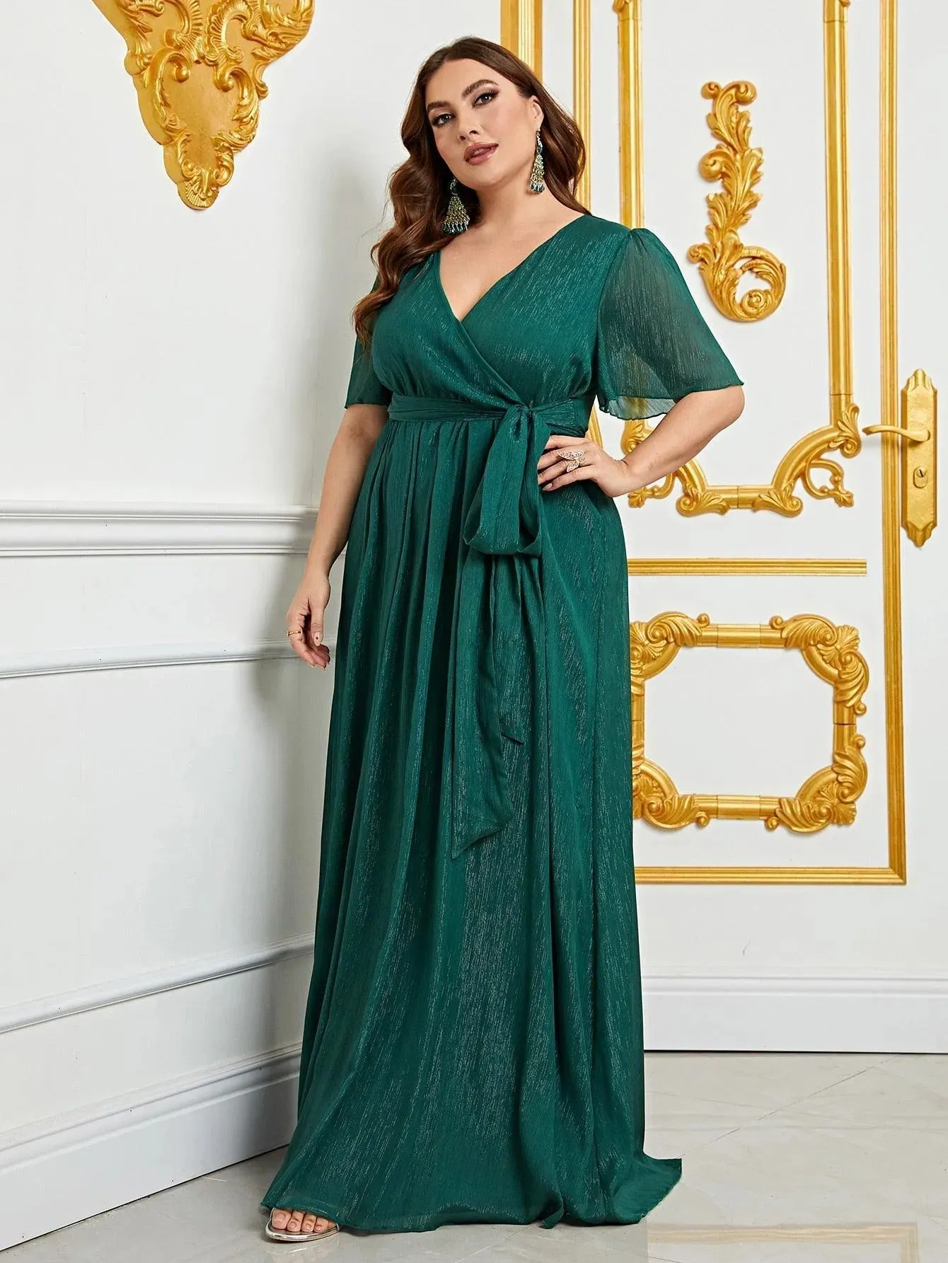 Plus V Neck Butterfly Sleeve Glitter Belted Dress