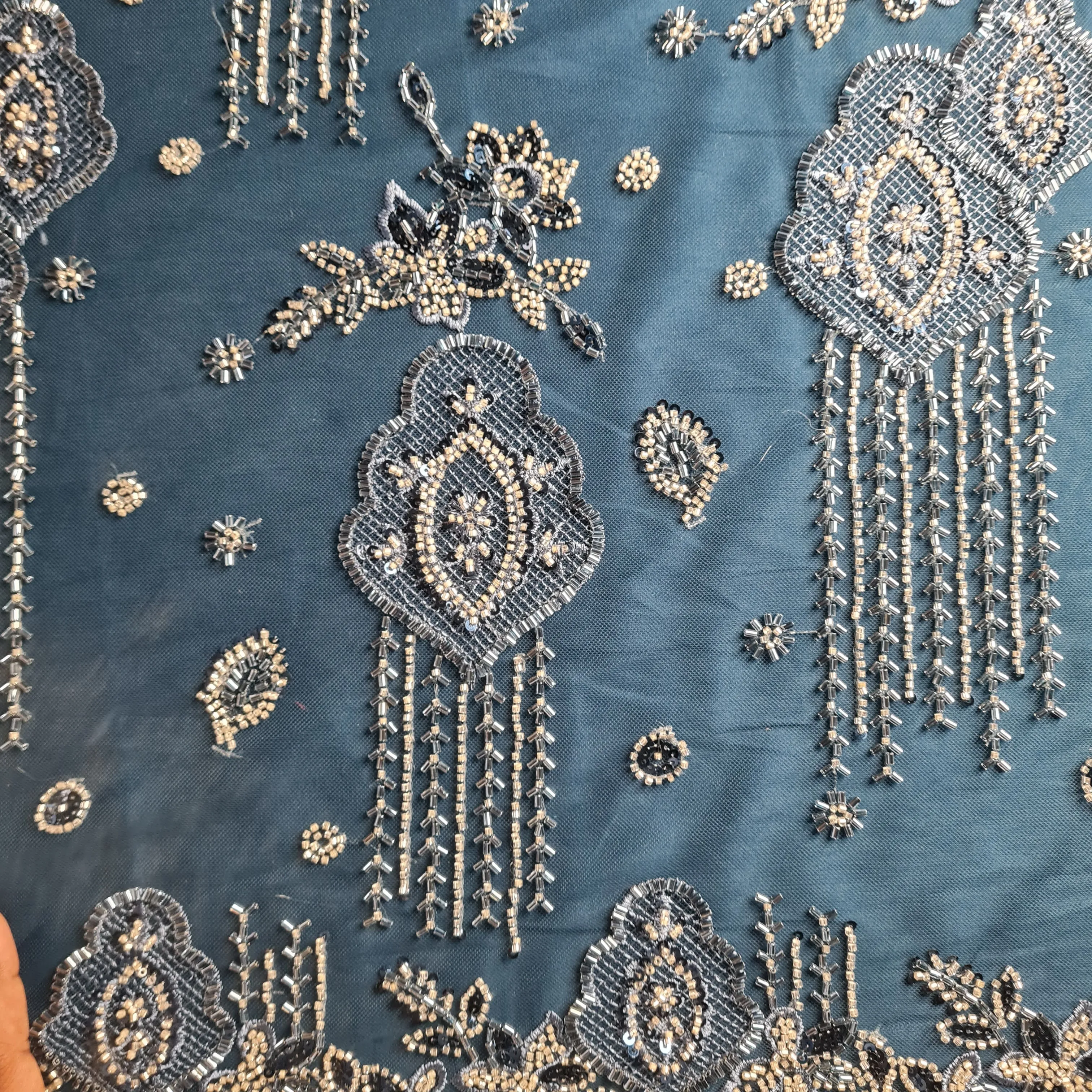 Premium Net Teal Blue Traditional CutDana Thread Embroidery Fabric