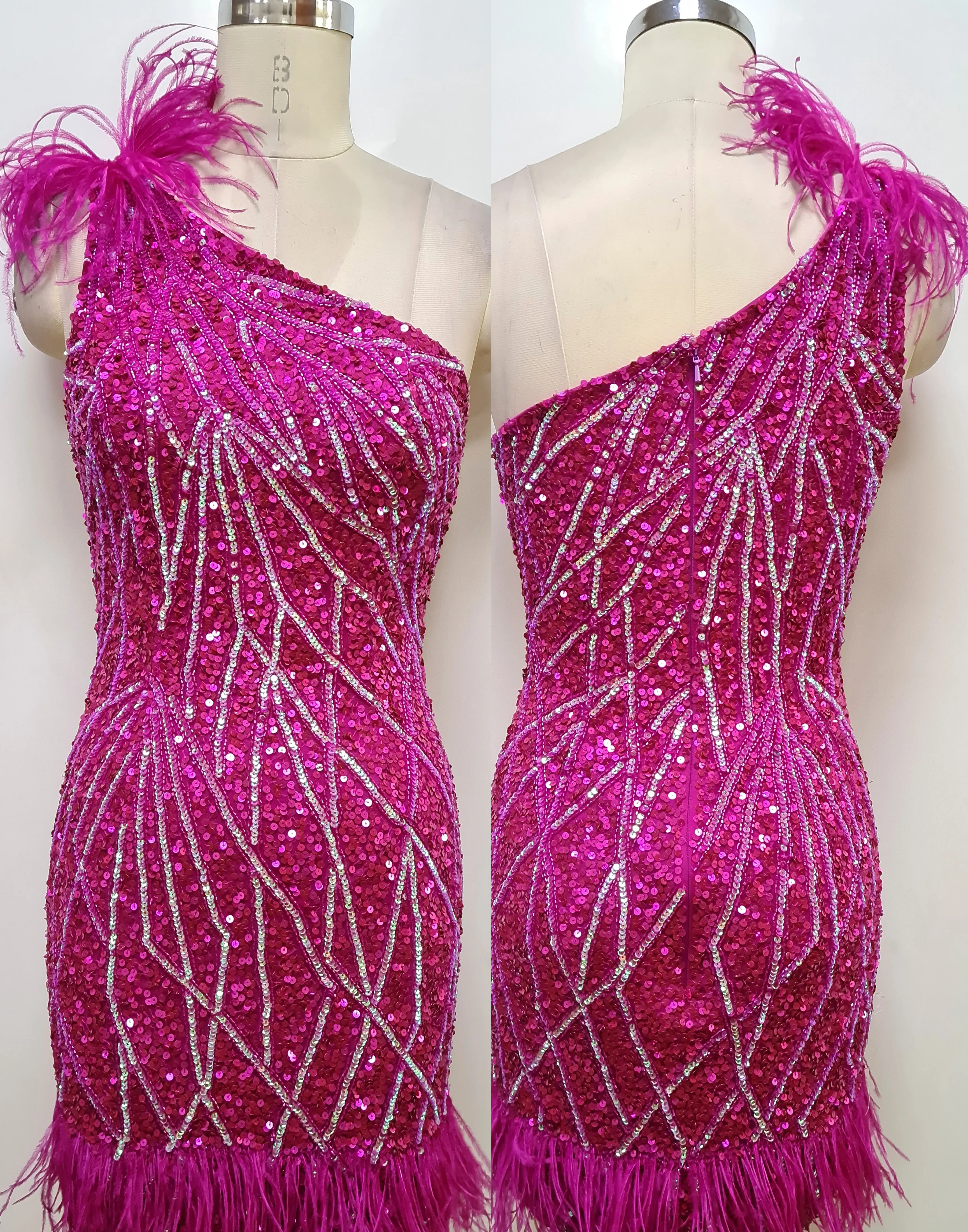 Primavera Couture 4029 One Shoulder Cocktail Dress Sequin Feather Embellishment on Bottom And Shoulder Homecoming Dress