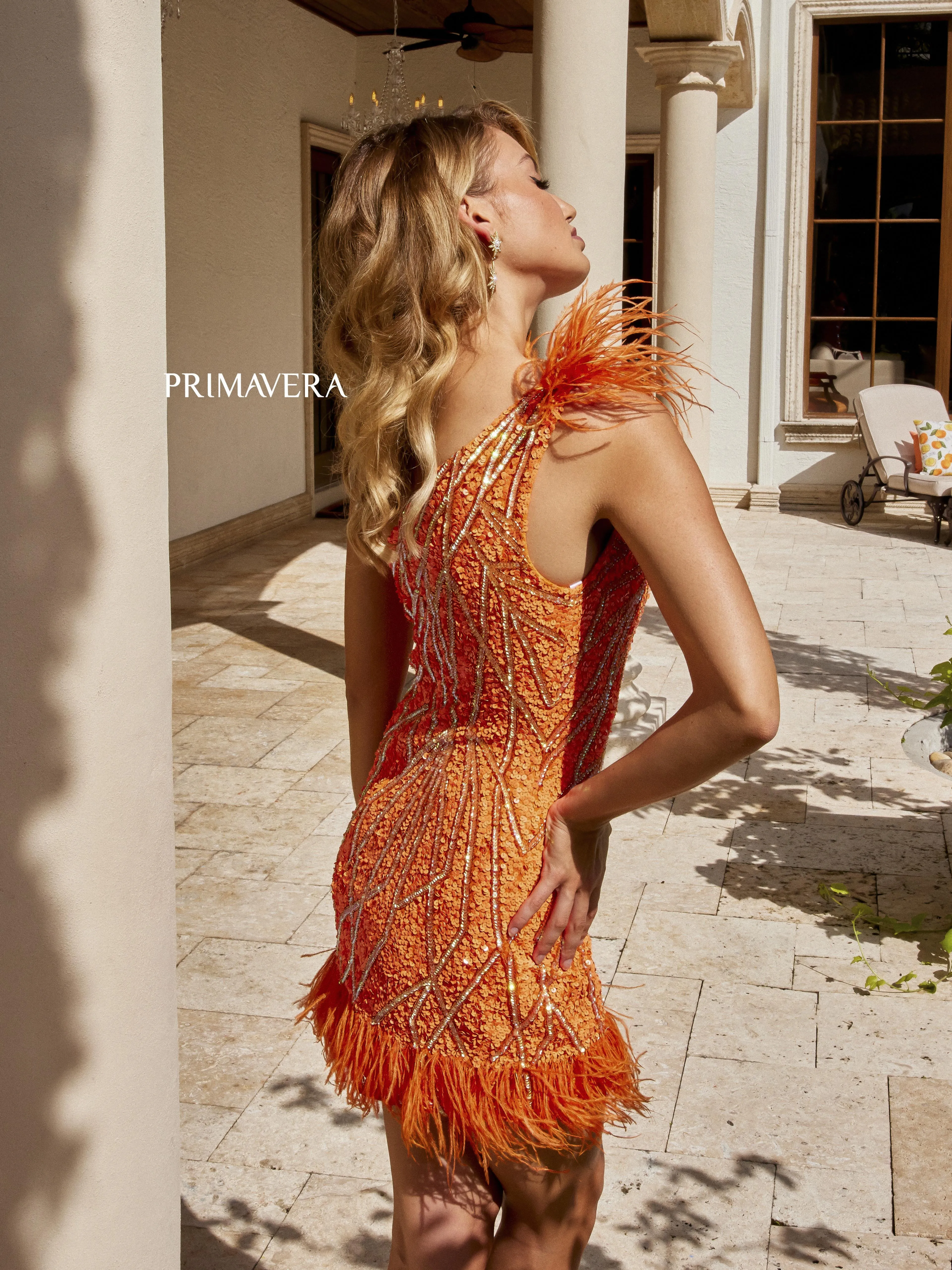 Primavera Couture 4029 One Shoulder Cocktail Dress Sequin Feather Embellishment on Bottom And Shoulder Homecoming Dress