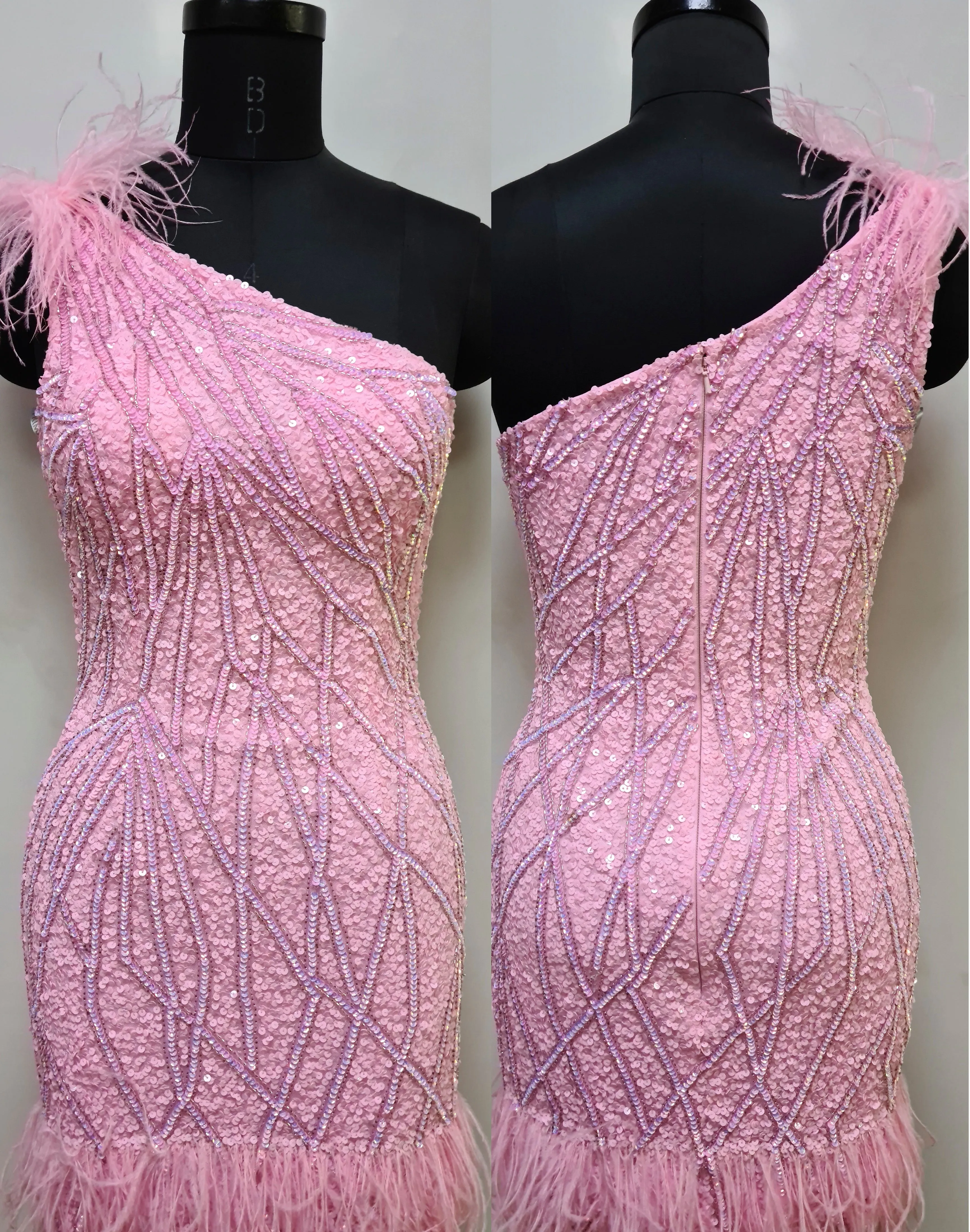Primavera Couture 4029 One Shoulder Cocktail Dress Sequin Feather Embellishment on Bottom And Shoulder Homecoming Dress