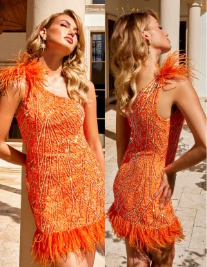 Primavera Couture 4029 One Shoulder Cocktail Dress Sequin Feather Embellishment on Bottom And Shoulder Homecoming Dress
