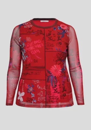 Red Graphic Tee Floral Print Cotton