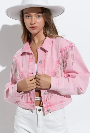 Rhinestone Fringe Pink Denim Jacket