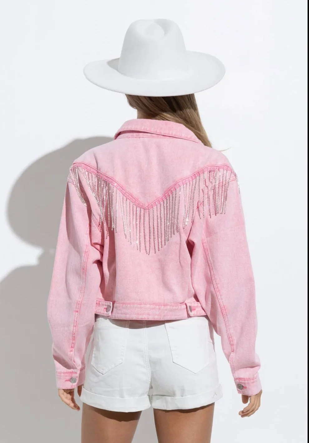 Rhinestone Fringe Pink Denim Jacket