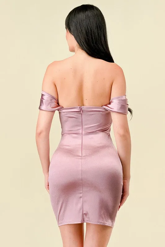 Satin Off-The-Shoulder Pleated Mini Dress in Lavender | Elegant Dress (C52)