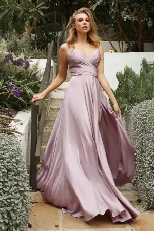 Sexy evening gown with wrap bodice, sweetheart neckline and leg slit