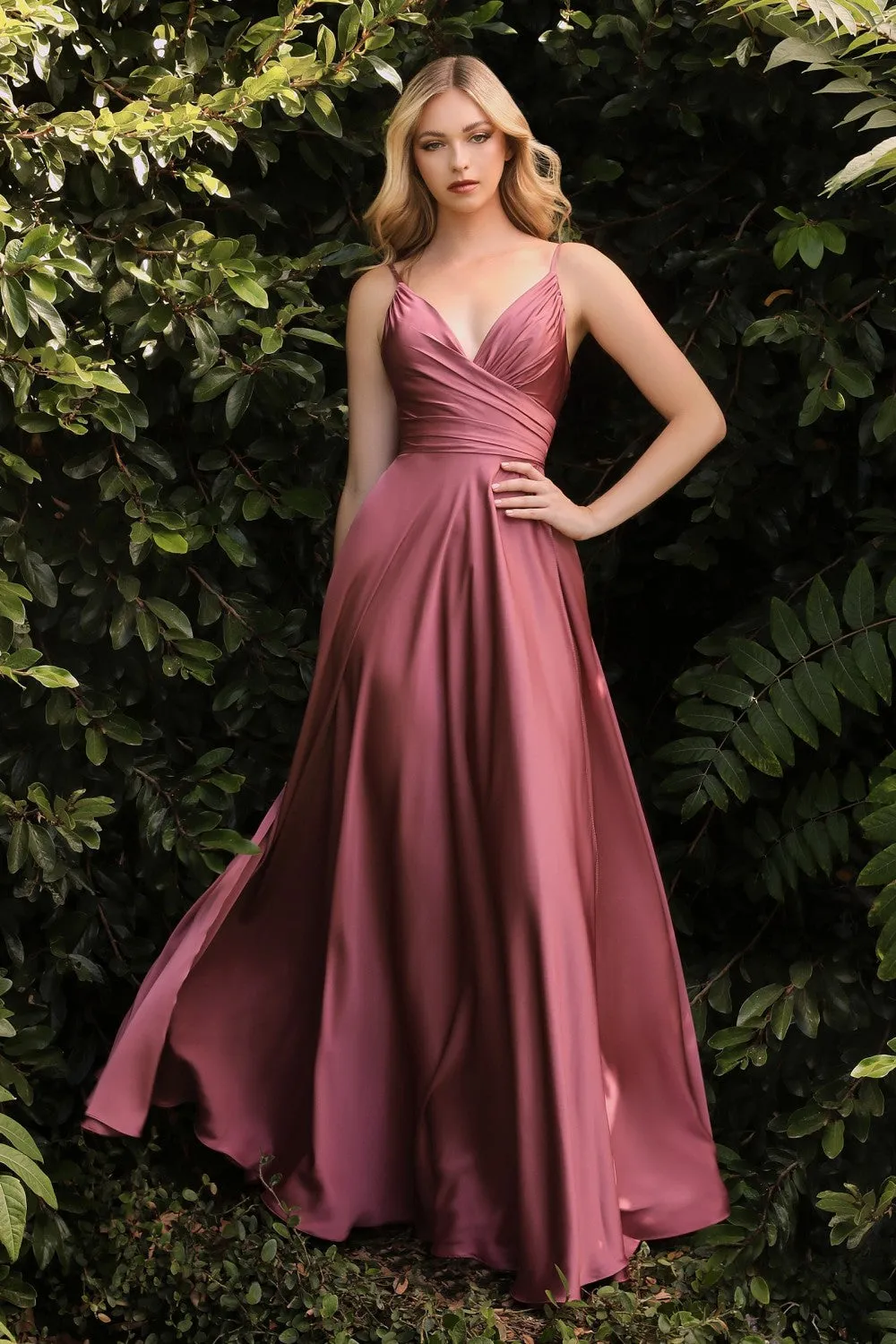 Sexy evening gown with wrap bodice, sweetheart neckline and leg slit