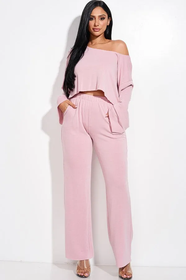 Solid French Terry Long Slouchy Long Sleeve Top And Pants With Pockets Two Piece Set - 4 colors - Ships from The USA