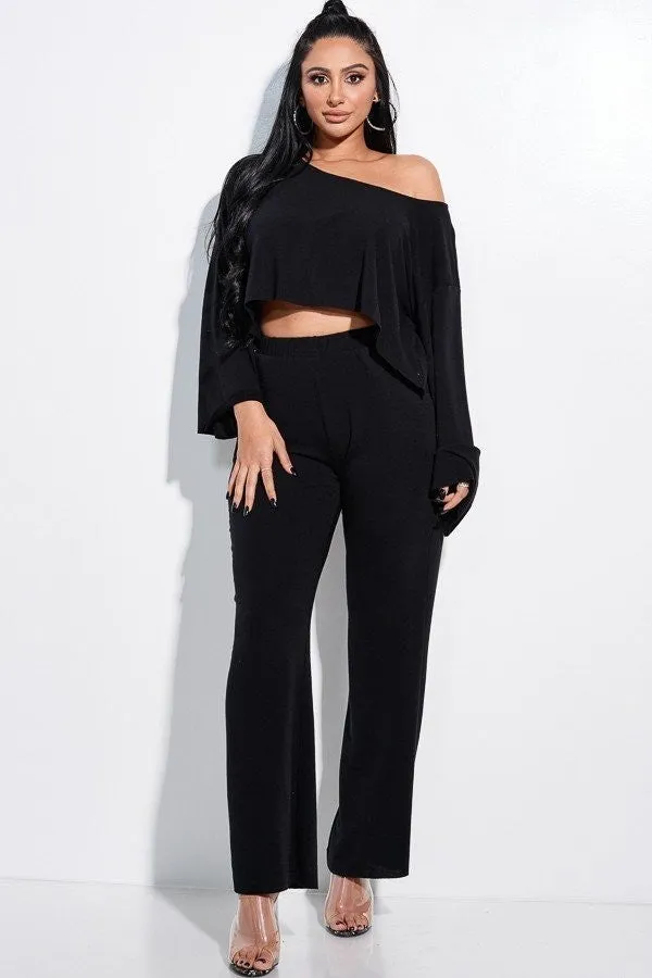 Solid French Terry Long Slouchy Long Sleeve Top And Pants With Pockets Two Piece Set - 4 colors - Ships from The USA