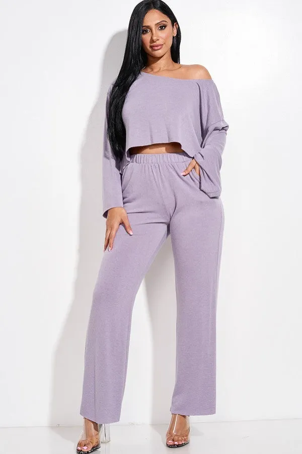Solid French Terry Long Slouchy Long Sleeve Top And Pants With Pockets Two Piece Set - 4 colors - Ships from The USA