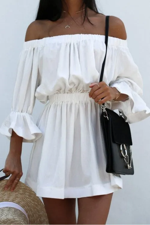 Solid Off Shoulder Frilled Waist Ruffled Short Dress
