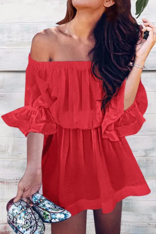 Solid Off Shoulder Frilled Waist Ruffled Short Dress