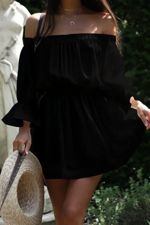Solid Off Shoulder Frilled Waist Ruffled Short Dress