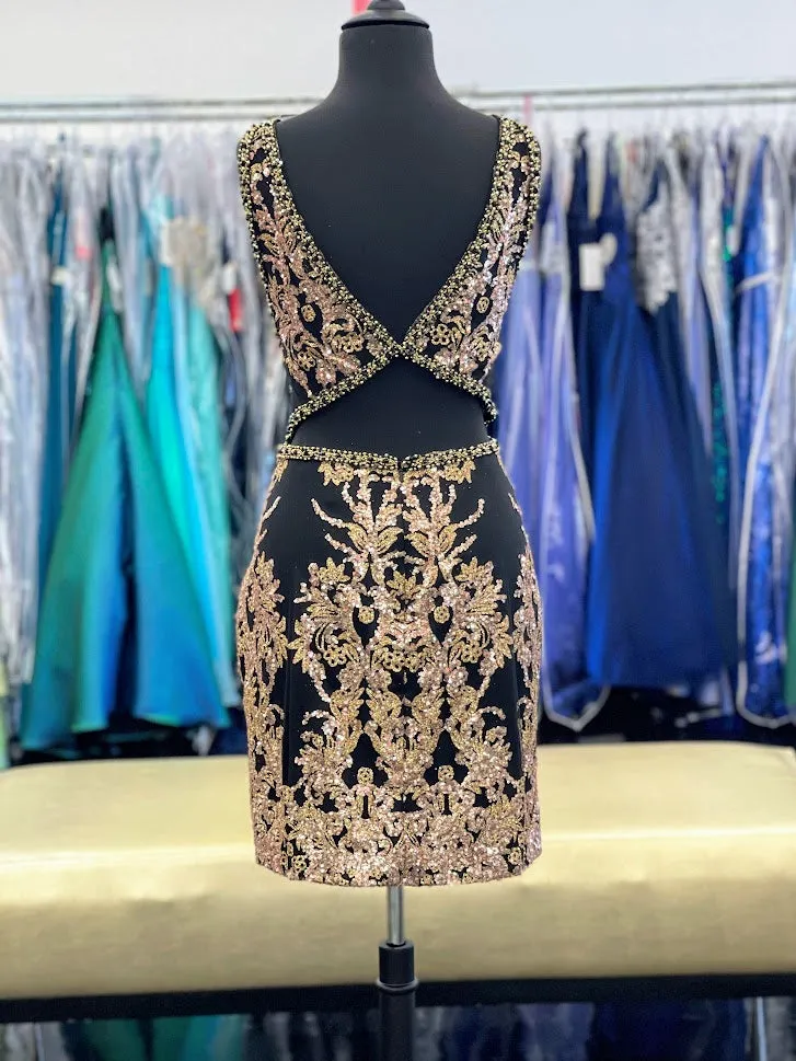 Stella Couture 22773 Size 16 Black/Gold Short Glitter Homecoming Dress Formal Cocktail Gown