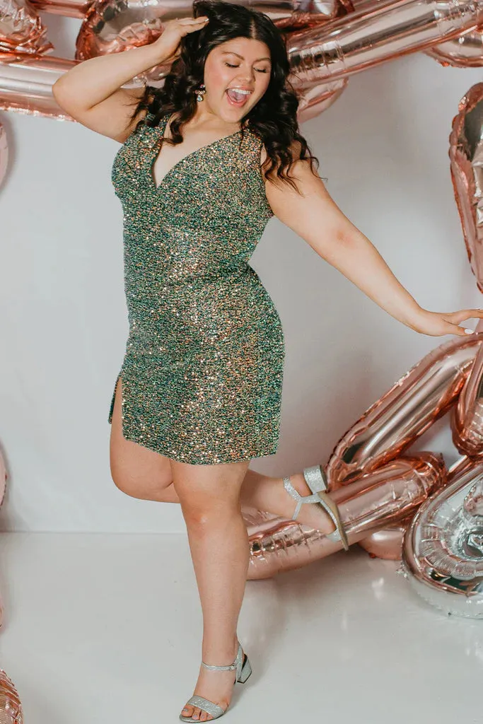 Sydneys Closet SC8110 Size 16, 22 Firecracker Red Short Plus Size fitted Sequin Formal Cocktail Dress Slit V Neck Gown