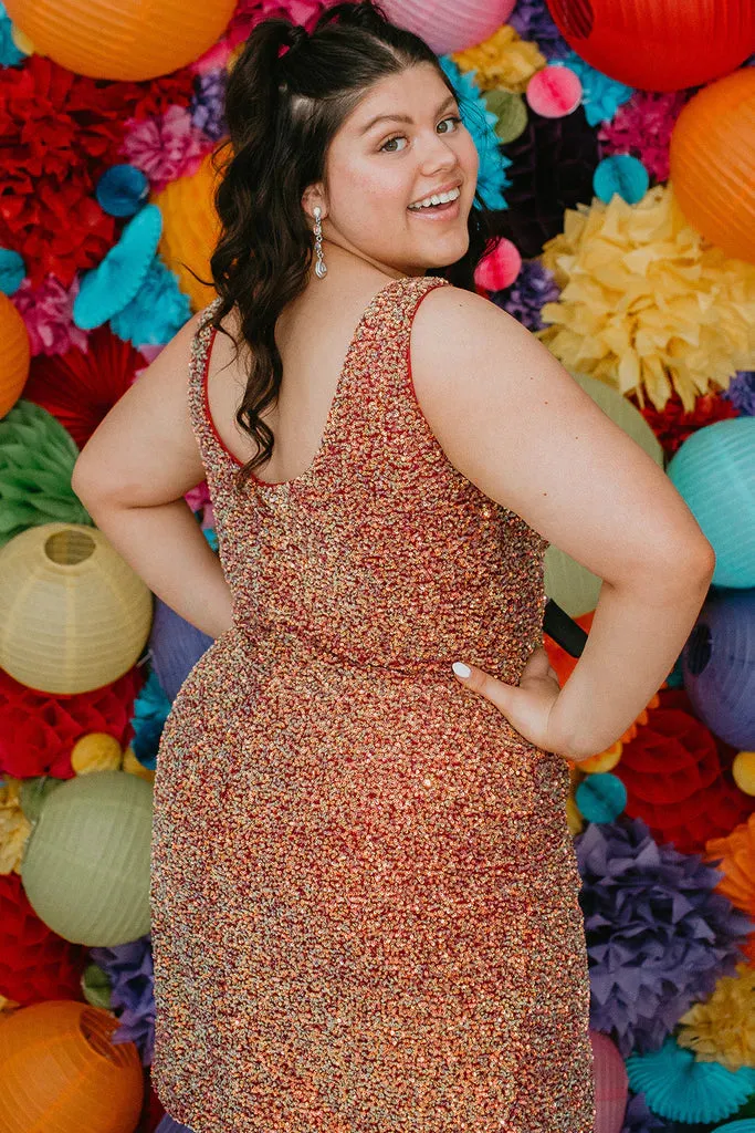 Sydneys Closet SC8110 Size 16, 22 Firecracker Red Short Plus Size fitted Sequin Formal Cocktail Dress Slit V Neck Gown