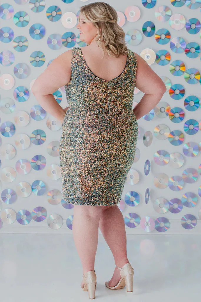Sydneys Closet SC8110 Size 16, 22 Firecracker Red Short Plus Size fitted Sequin Formal Cocktail Dress Slit V Neck Gown