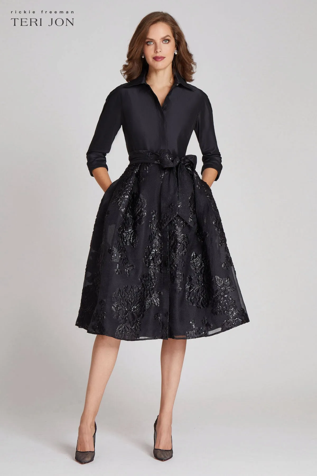 Taffeta Shirt Dress with Organza Jacquard Skirt