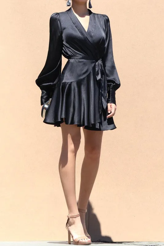 Vestido Satin Cruzado Manga Larga