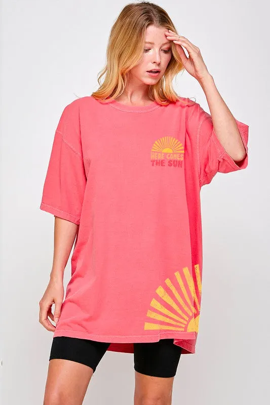 Watermelon Lime-Orange Floral Ruffle Detail Short Sleeve Top