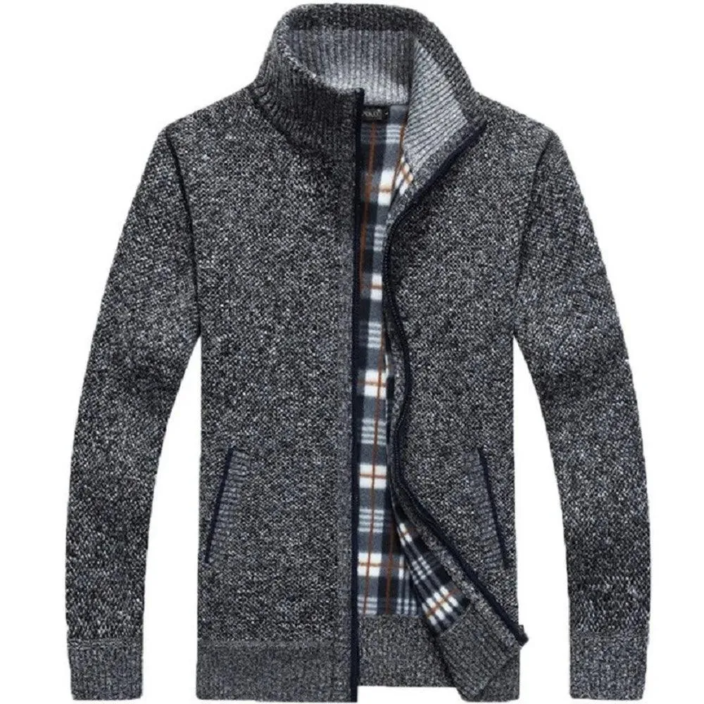 Winter Thick Men's Knitted Sweater Coat Off White Long Sleeve Cardigan Fleece Full Zip Male Causal Plus Size Clothing for Autumn
