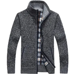 Winter Thick Men's Knitted Sweater Coat Off White Long Sleeve Cardigan Fleece Full Zip Male Causal Plus Size Clothing for Autumn