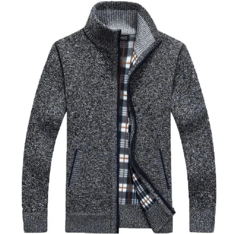 Winter Thick Men's Knitted Sweater Coat Off White Long Sleeve Cardigan Fleece Full Zip Male Causal Plus Size Clothing for Autumn