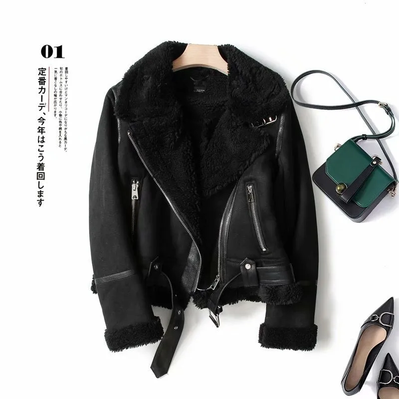 Winter women's oversized lapel women's extra-thick motorcycle suede fur all-in-one coat