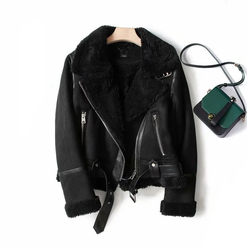 Winter women's oversized lapel women's extra-thick motorcycle suede fur all-in-one coat