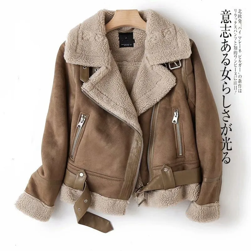 Winter women's oversized lapel women's extra-thick motorcycle suede fur all-in-one coat