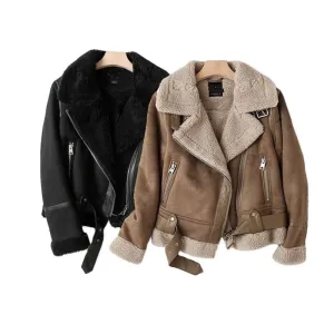 Winter women's oversized lapel women's extra-thick motorcycle suede fur all-in-one coat