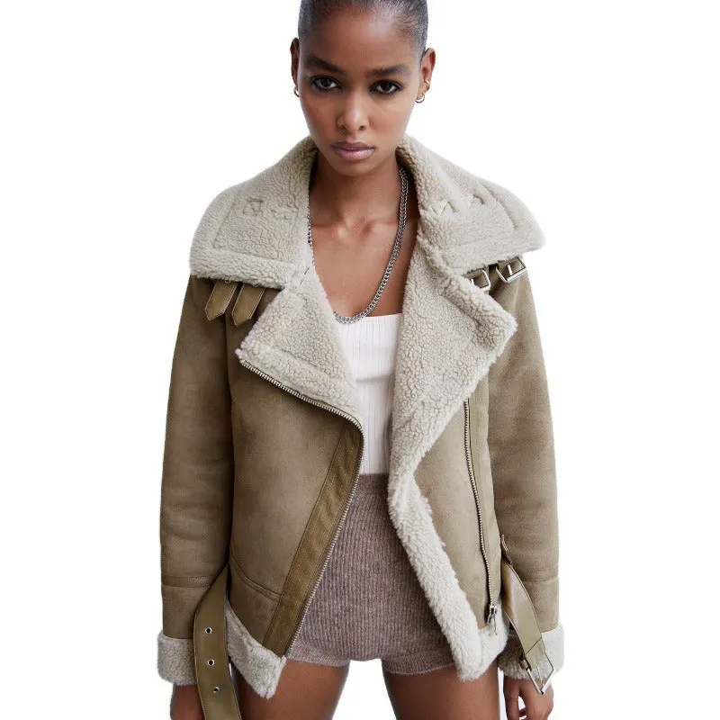 Winter women's oversized lapel women's extra-thick motorcycle suede fur all-in-one coat