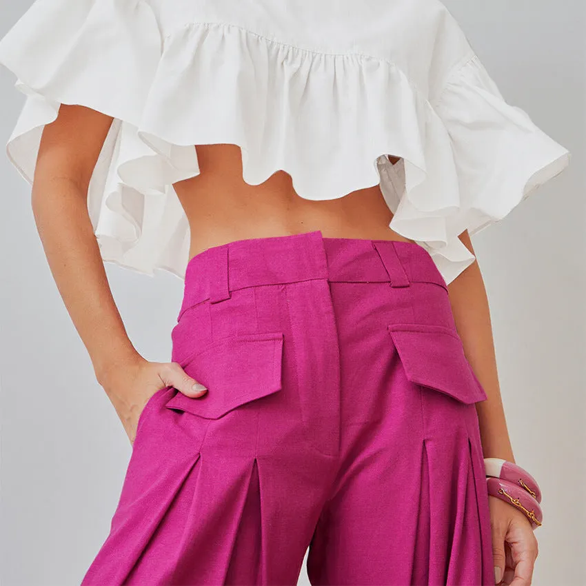 Women Fashion Rose Red Wide- Leg Pants