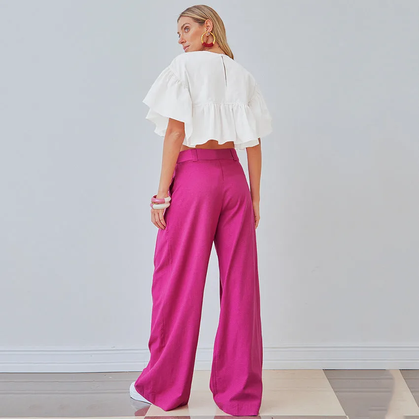 Women Fashion Rose Red Wide- Leg Pants
