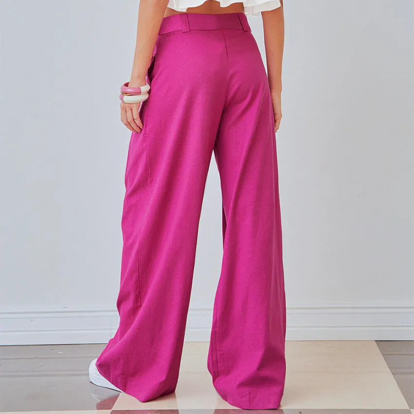 Women Fashion Rose Red Wide- Leg Pants