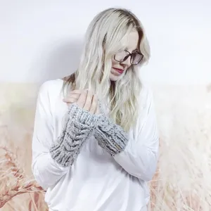 Women's Knitted Fingerless Mittens, Hand Knit Cabled Wrist Warmers in Grey Marble